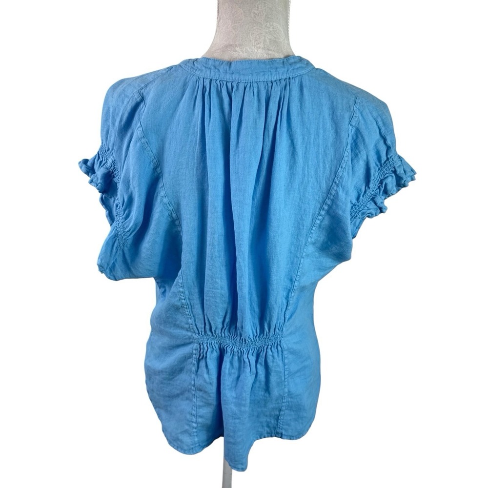 Pilcro Women's Fitted XL SS Ruffle Linen Popover Blouse Blue EUC - Picture 3 of 13